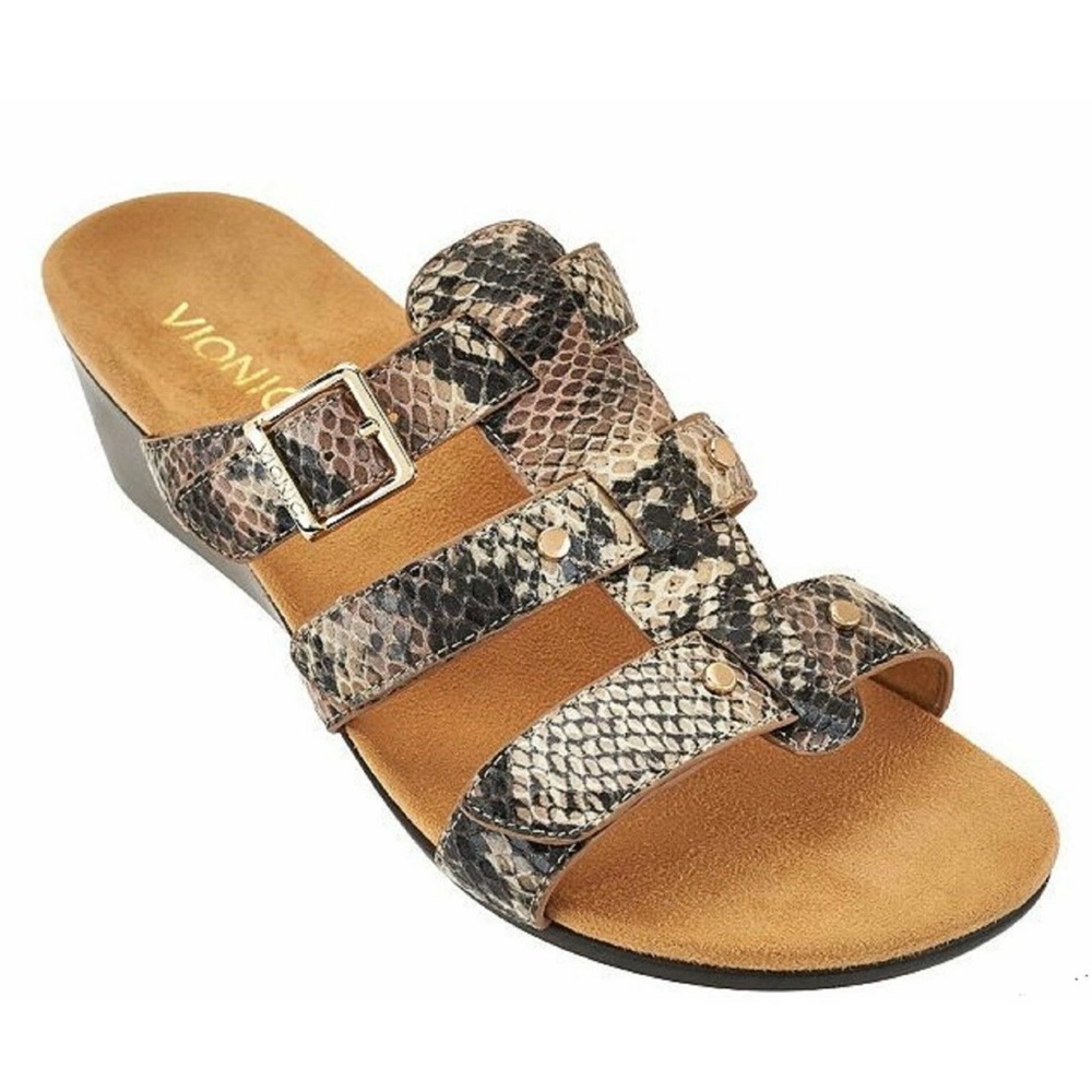 Vionic Radia Orthotic Adjustable Triple Strap Comfort Slide Wedges Snake Size 7 - Picture 1 of 13